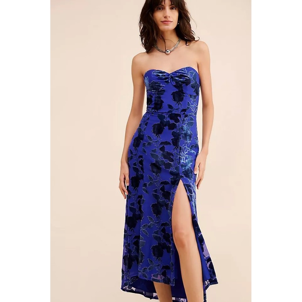 Hutch Strapless Midi Dress Blue Floral Velvet Burnout Slit Sweetheart NEW